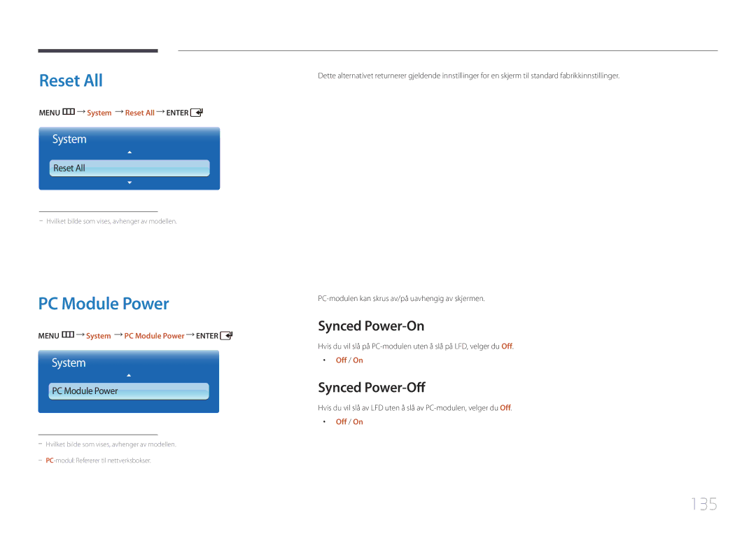 Samsung LH55UDDPLBB/EN manual Reset All, PC Module Power, 135, Synced Power-On, Synced Power-Off 