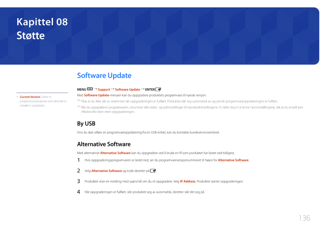 Samsung LH55UDDPLBB/EN manual Støtte, Software Update, 136, By USB, Alternative Software 