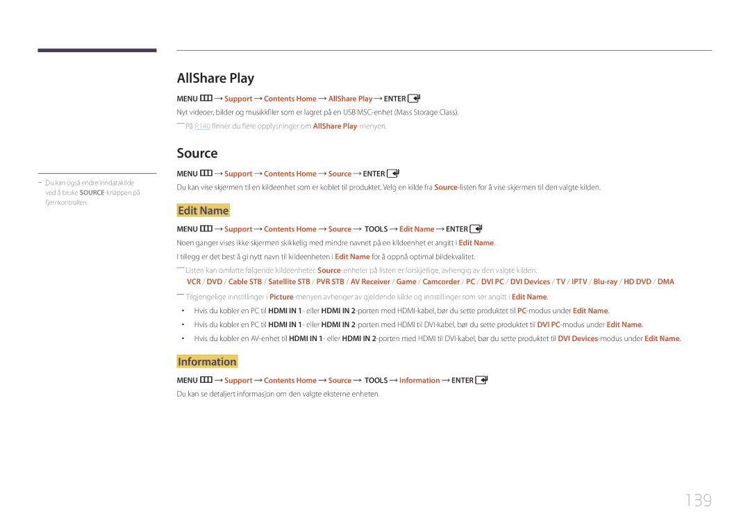 Samsung LH55UDDPLBB/EN manual 139, AllShare Play, Edit Name, Information 