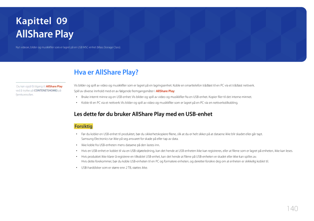 Samsung LH55UDDPLBB/EN manual Hva er AllShare Play?, 140, Les dette før du bruker AllShare Play med en USB-enhet 