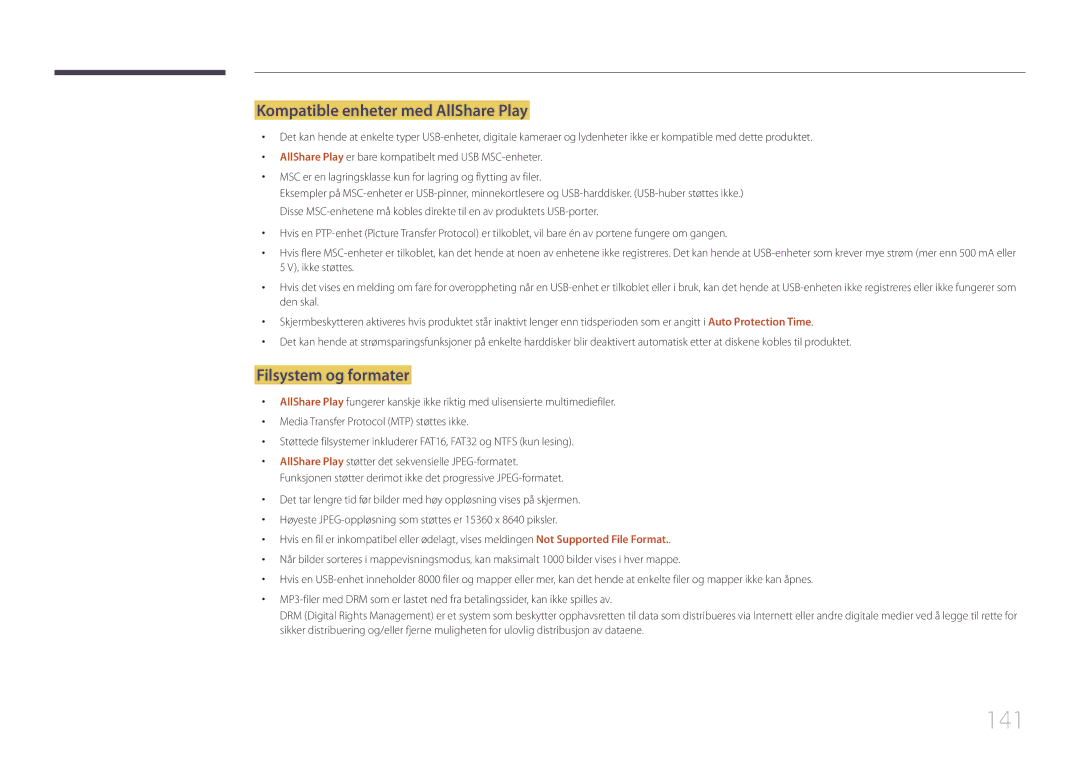 Samsung LH55UDDPLBB/EN manual 141, Kompatible enheter med AllShare Play, Filsystem og formater 