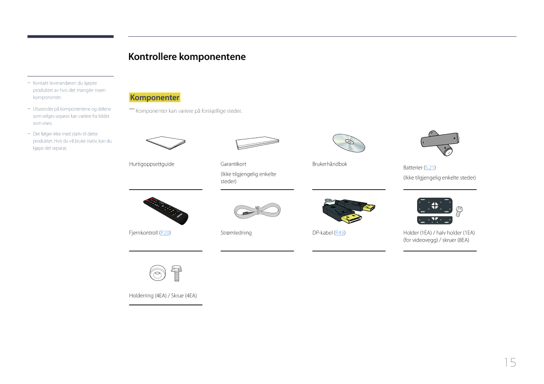 Samsung LH55UDDPLBB/EN manual Kontrollere komponentene, Komponenter 