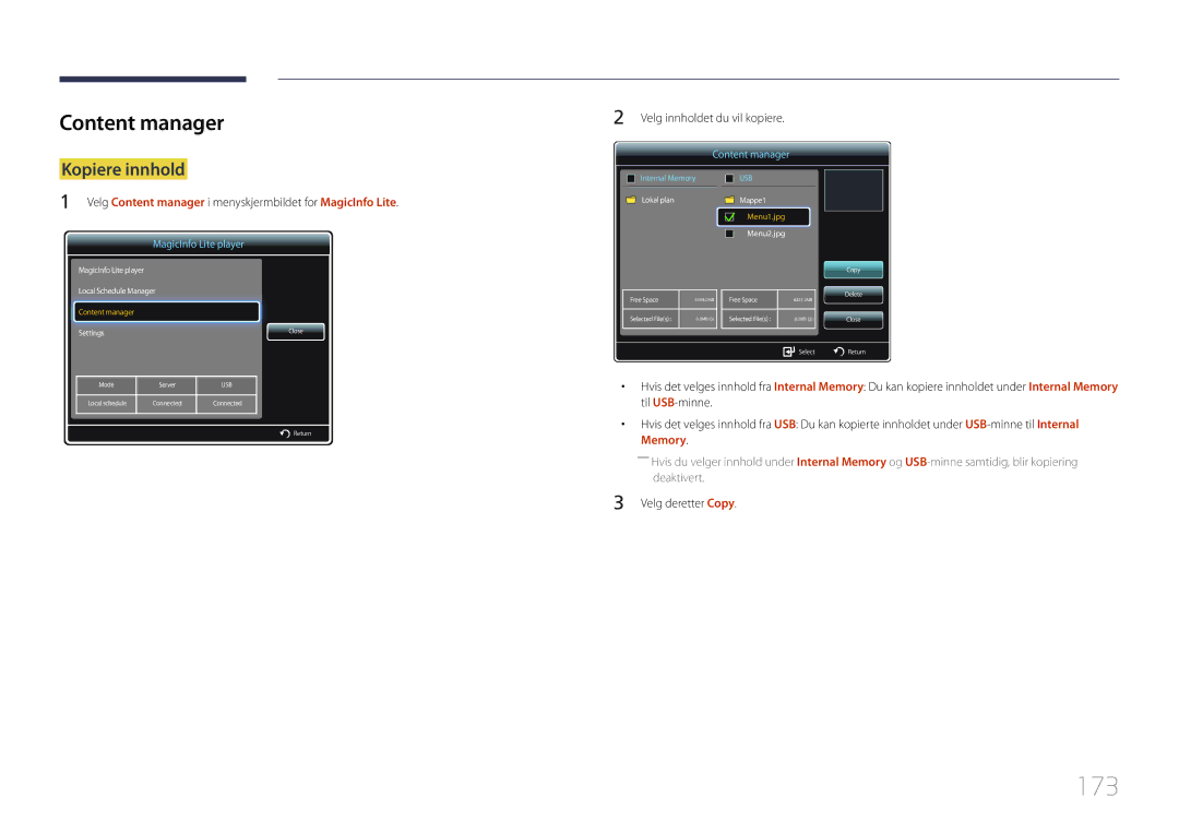 Samsung LH55UDDPLBB/EN manual 173, Kopiere innhold, Velg Content manager i menyskjermbildet for MagicInfo Lite 