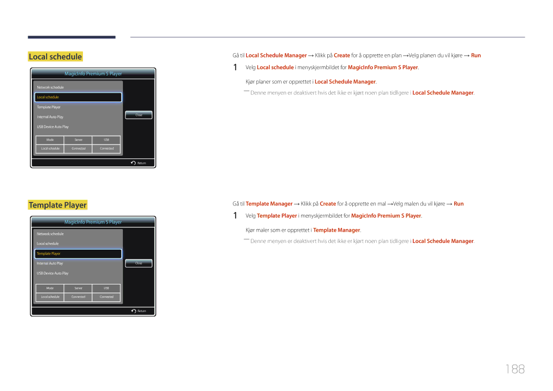 Samsung LH55UDDPLBB/EN manual 188, Template Player, Kjør maler som er opprettet i Template Manager 