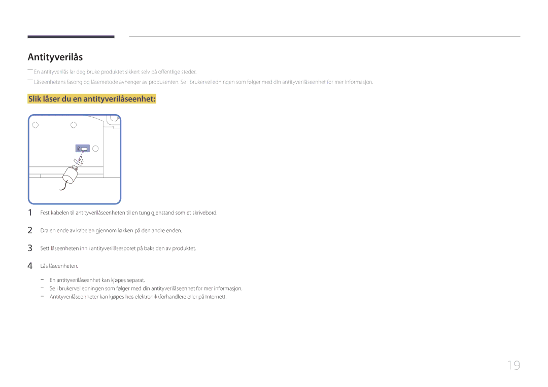 Samsung LH55UDDPLBB/EN manual Antityverilås, Slik låser du en antityverilåseenhet 