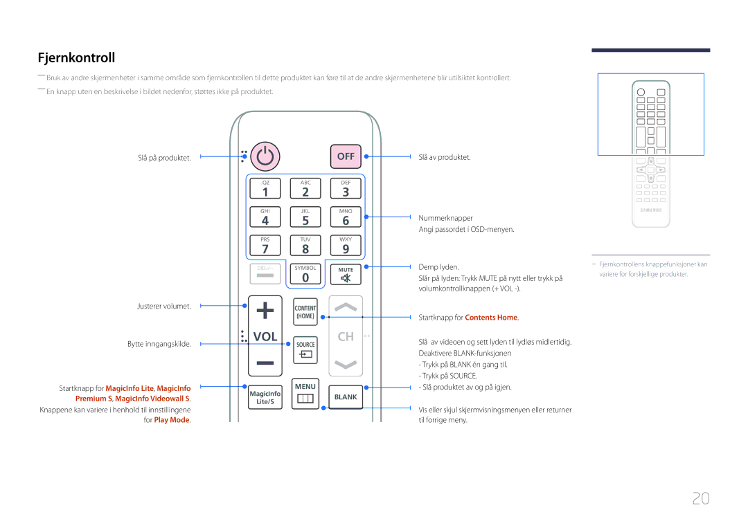 Samsung LH55UDDPLBB/EN manual Fjernkontroll, Slå på produktet Justerer volumet Bytte inngangskilde 