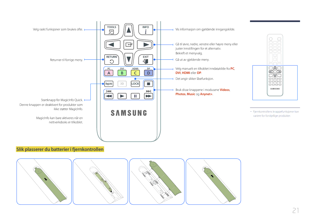 Samsung LH55UDDPLBB/EN manual Slik plasserer du batterier i fjernkontrollen, Velg raskt funksjoner som brukes ofte 