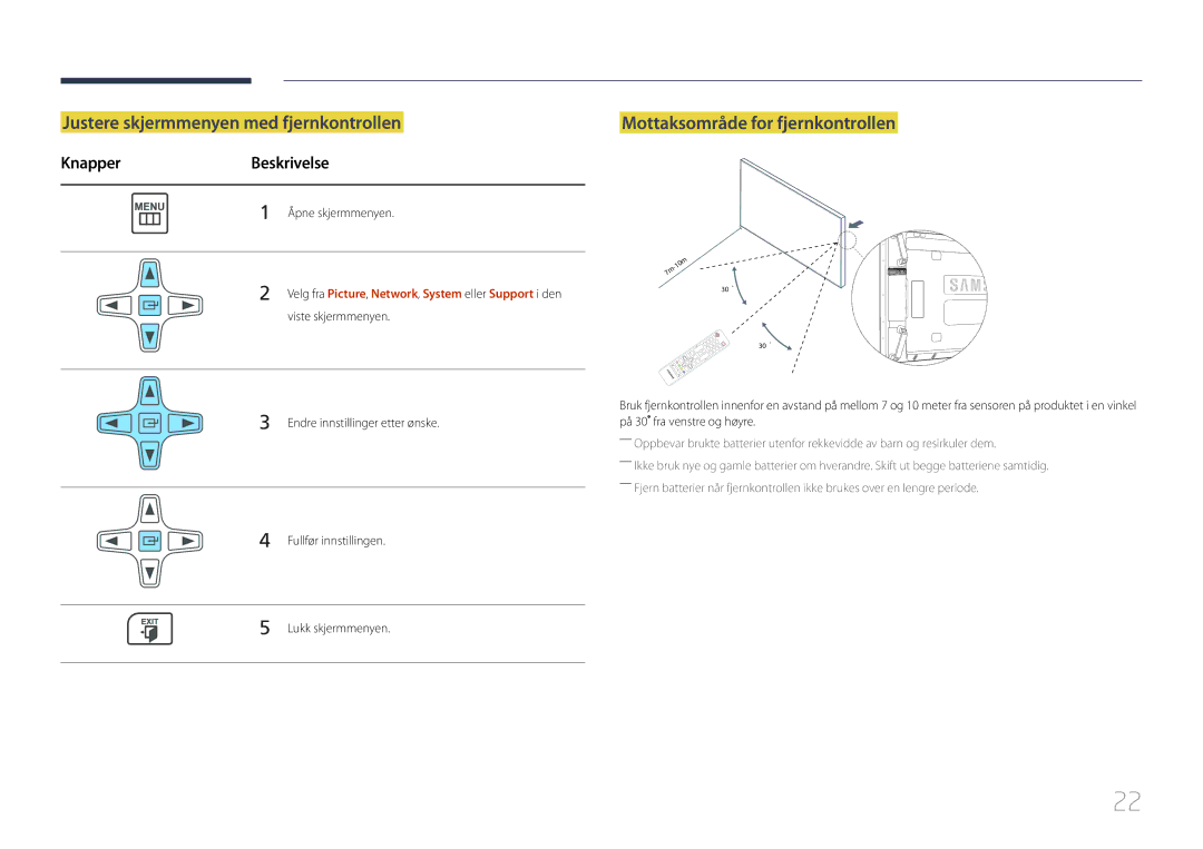 Samsung LH55UDDPLBB/EN manual Justere skjermmenyen med fjernkontrollen, Mottaksområde for fjernkontrollen 