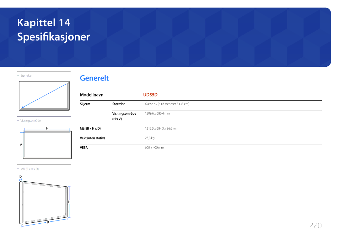 Samsung LH55UDDPLBB/EN manual Spesifikasjoner, Generelt, 220 