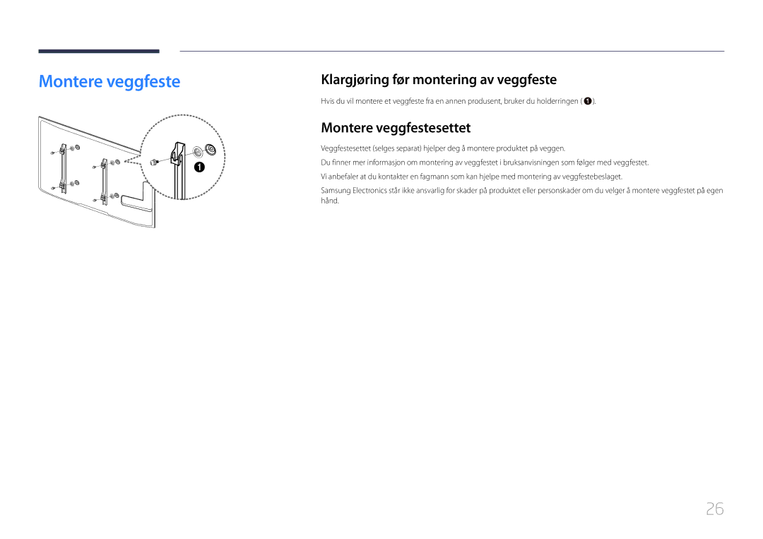 Samsung LH55UDDPLBB/EN manual Klargjøring før montering av veggfeste, Montere veggfestesettet 