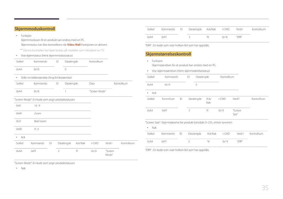 Samsung LH55UDDPLBB/EN manual Skjermmoduskontroll, Skjermstørrelseskontroll 