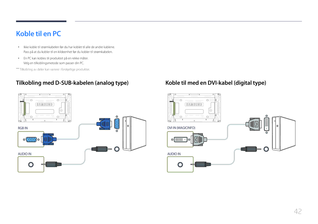 Samsung LH55UDDPLBB/EN Koble til en PC, Tilkobling med D-SUB-kabelen analog type, Koble til med en DVI-kabel digital type 