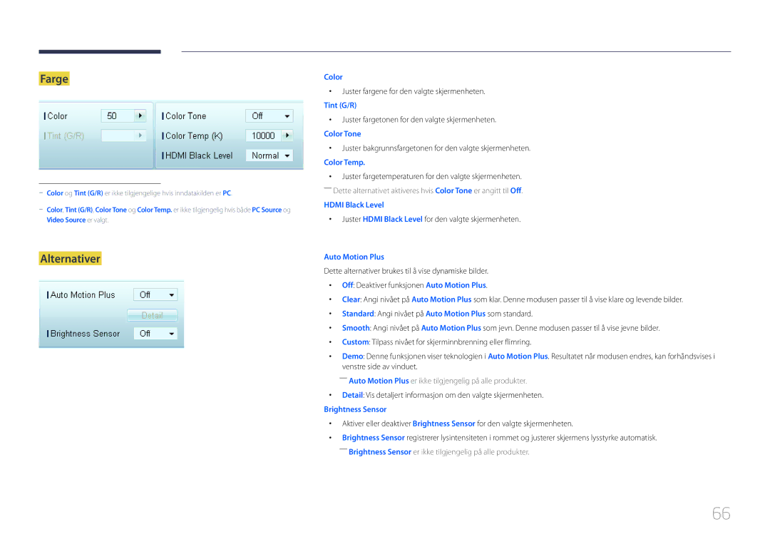 Samsung LH55UDDPLBB/EN manual Farge, Alternativer 