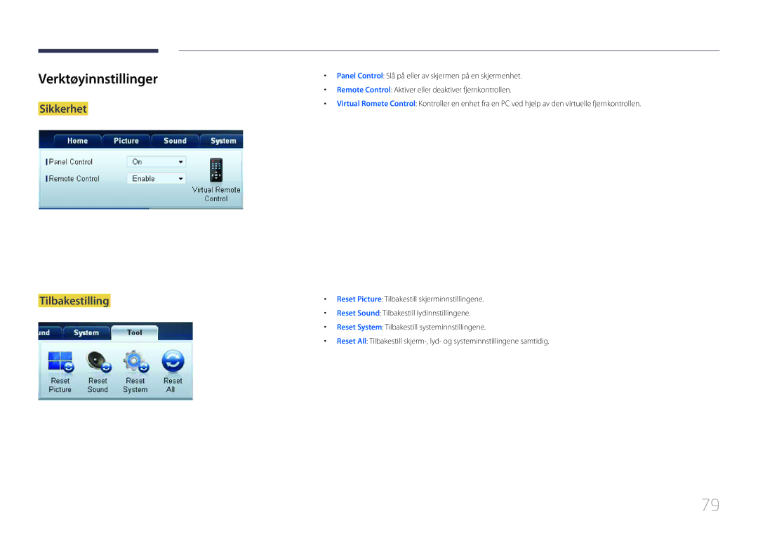 Samsung LH55UDDPLBB/EN manual Verktøyinnstillinger, Sikkerhet Tilbakestilling 