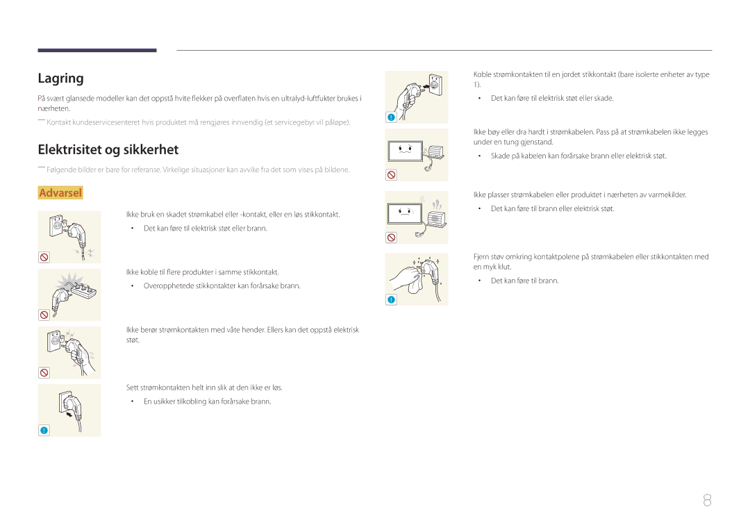 Samsung LH55UDDPLBB/EN manual Lagring, Elektrisitet og sikkerhet 