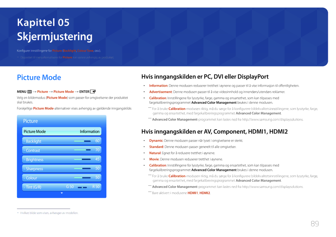 Samsung LH55UDDPLBB/EN manual Skjermjustering, Picture Mode, Hvis inngangskilden er PC, DVI eller DisplayPort 