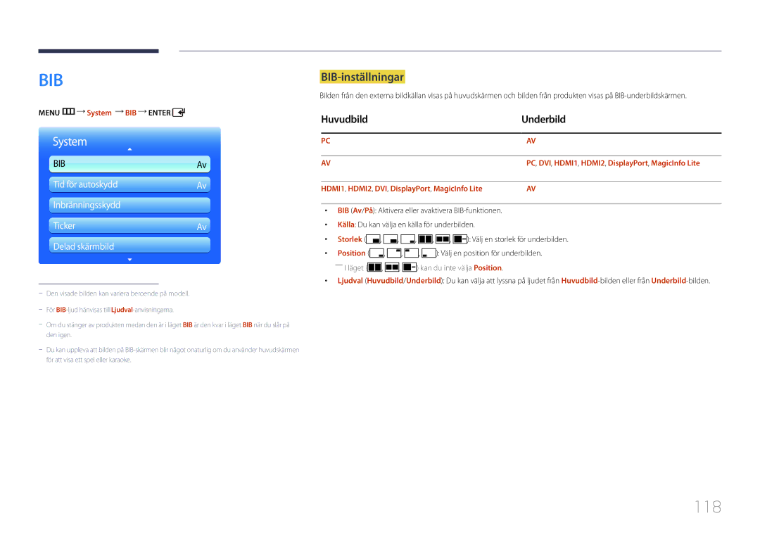 Samsung LH55UDDPLBB/EN manual 118, BIB-inställningar, Huvudbild Underbild 