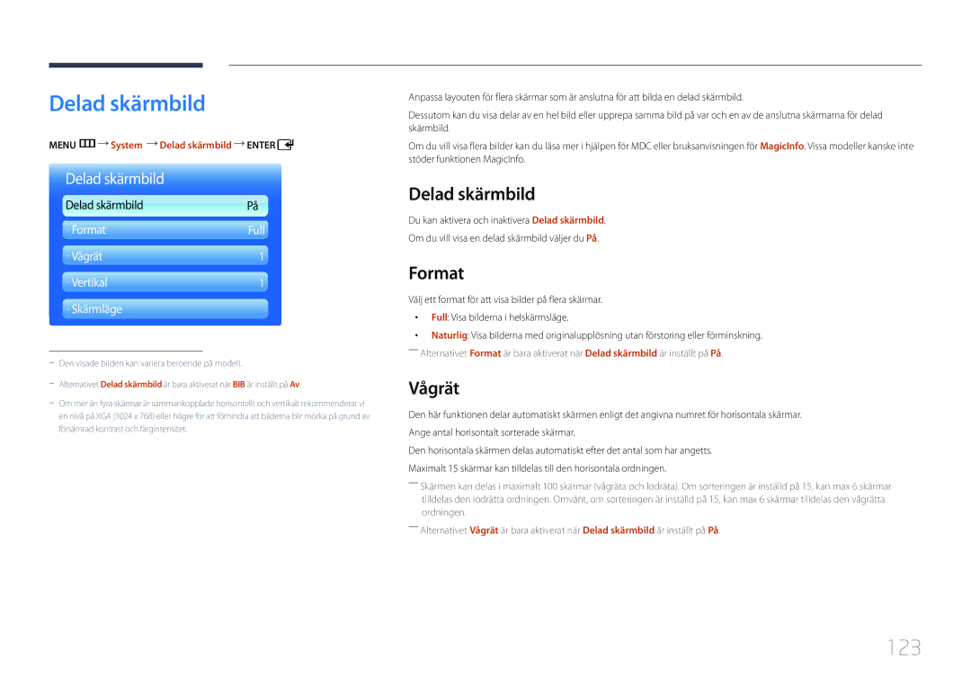 Samsung LH55UDDPLBB/EN manual Delad skärmbild, 123, Format, Vågrät 