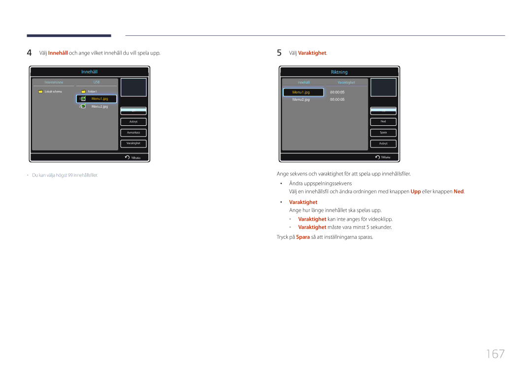 Samsung LH55UDDPLBB/EN manual 167, Välj Varaktighet, Ange hur länge innehållet ska spelas upp 