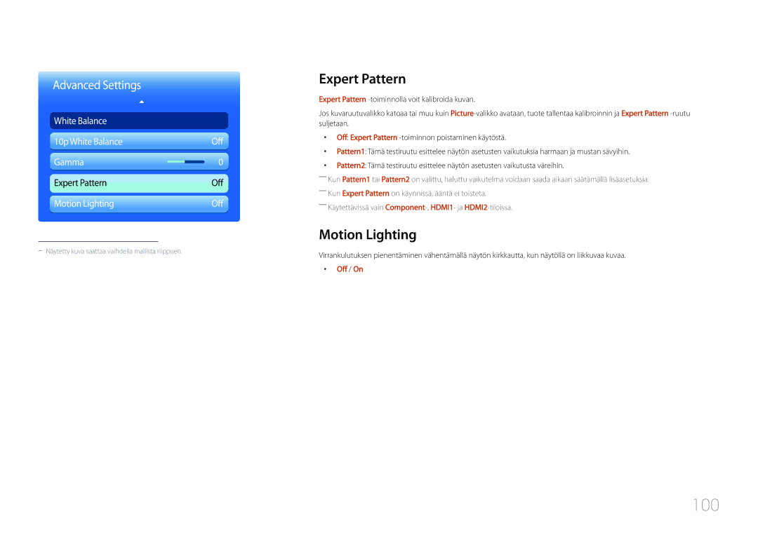 Samsung LH55UDDPLBB/EN manual 100, Expert Pattern, Motion Lighting 