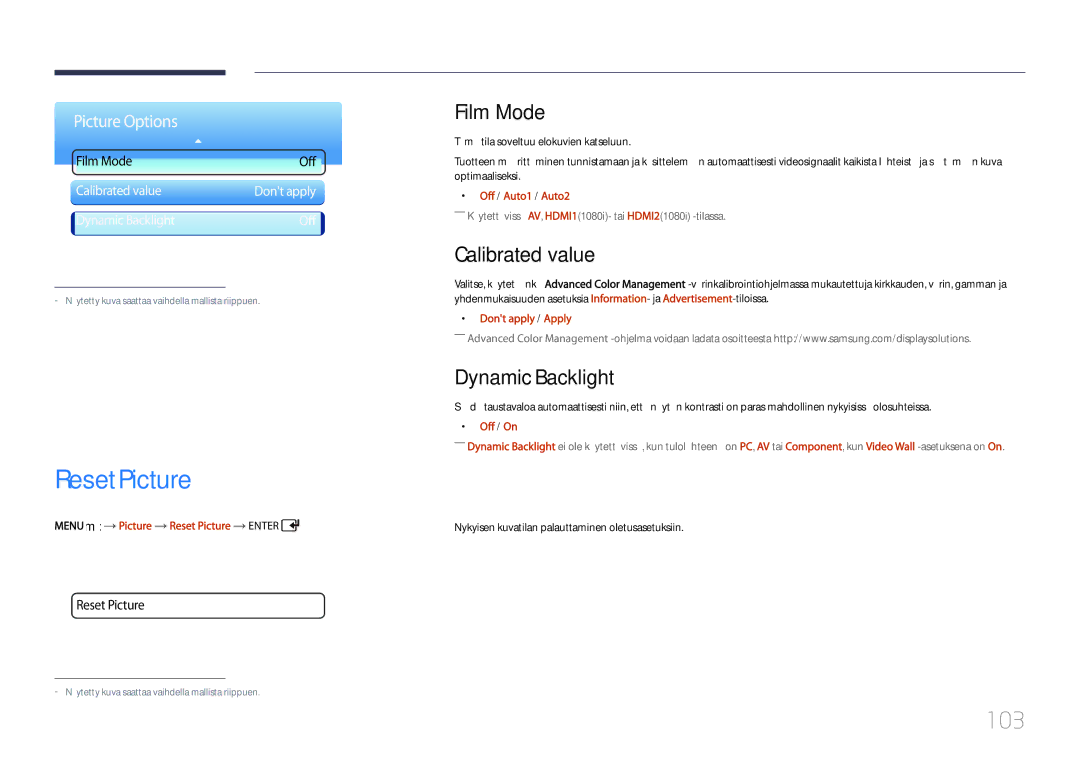 Samsung LH55UDDPLBB/EN manual Reset Picture, 103, Film Mode, Calibrated value, Dynamic Backlight 