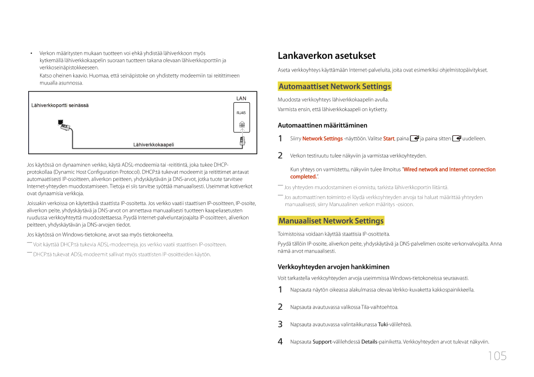 Samsung LH55UDDPLBB/EN manual 105, Lankaverkon asetukset, Automaattiset Network Settings, Manuaaliset Network Settings 