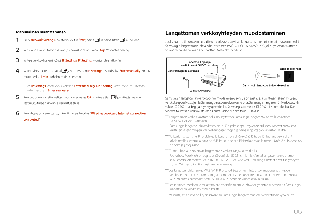 Samsung LH55UDDPLBB/EN manual 106, Langattoman verkkoyhteyden muodostaminen, Completed 