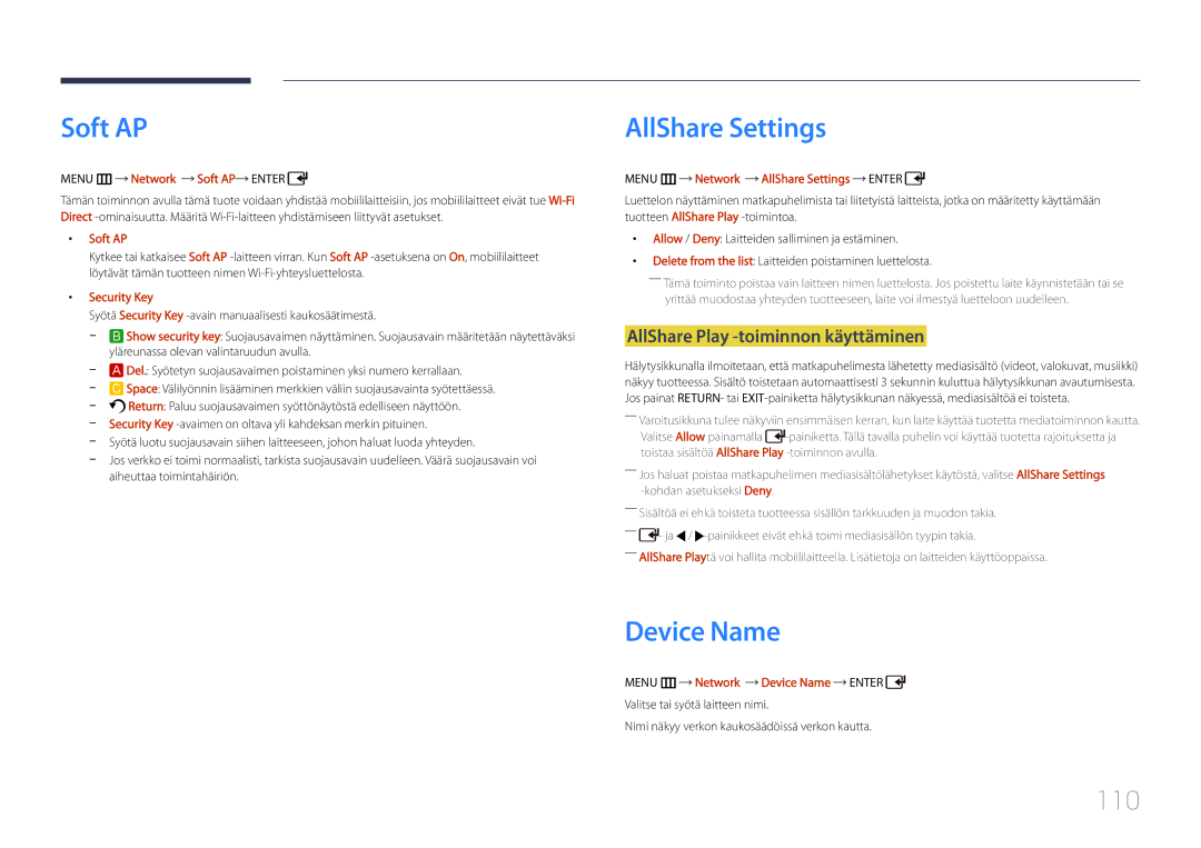 Samsung LH55UDDPLBB/EN manual Soft AP, AllShare Settings, Device Name, 110, AllShare Play -toiminnon käyttäminen 