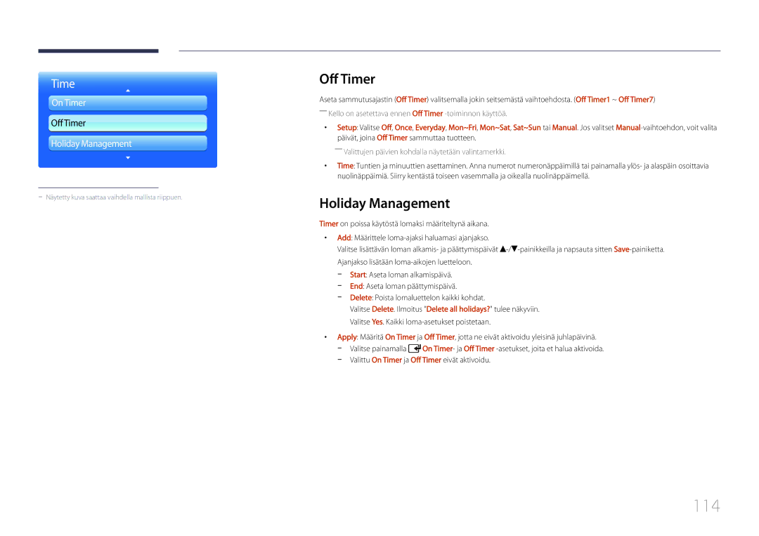 Samsung LH55UDDPLBB/EN manual 114, Off Timer, Holiday Management, Delete Poista lomaluettelon kaikki kohdat 