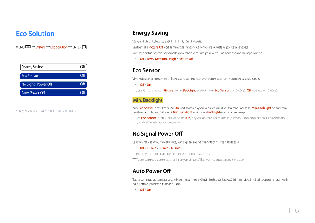 Samsung LH55UDDPLBB/EN manual Eco Solution, 116 