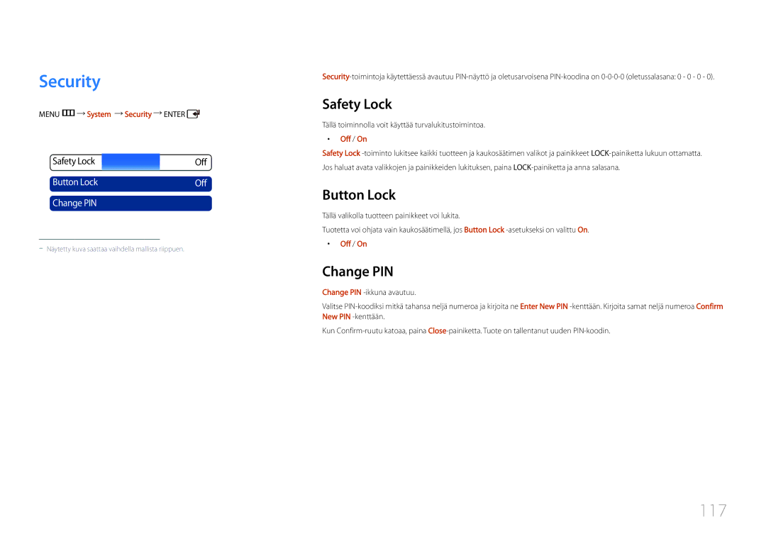 Samsung LH55UDDPLBB/EN manual Security, 117, Safety Lock, Button Lock, Change PIN 