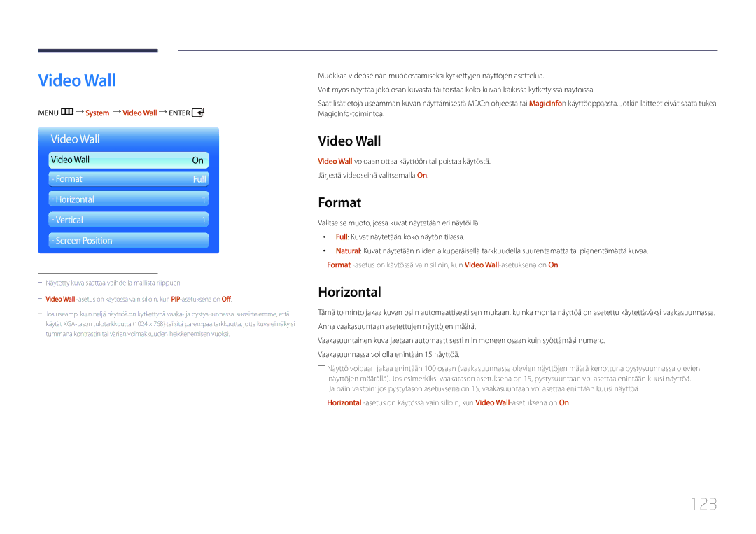 Samsung LH55UDDPLBB/EN manual Video Wall, 123, Format, Horizontal 