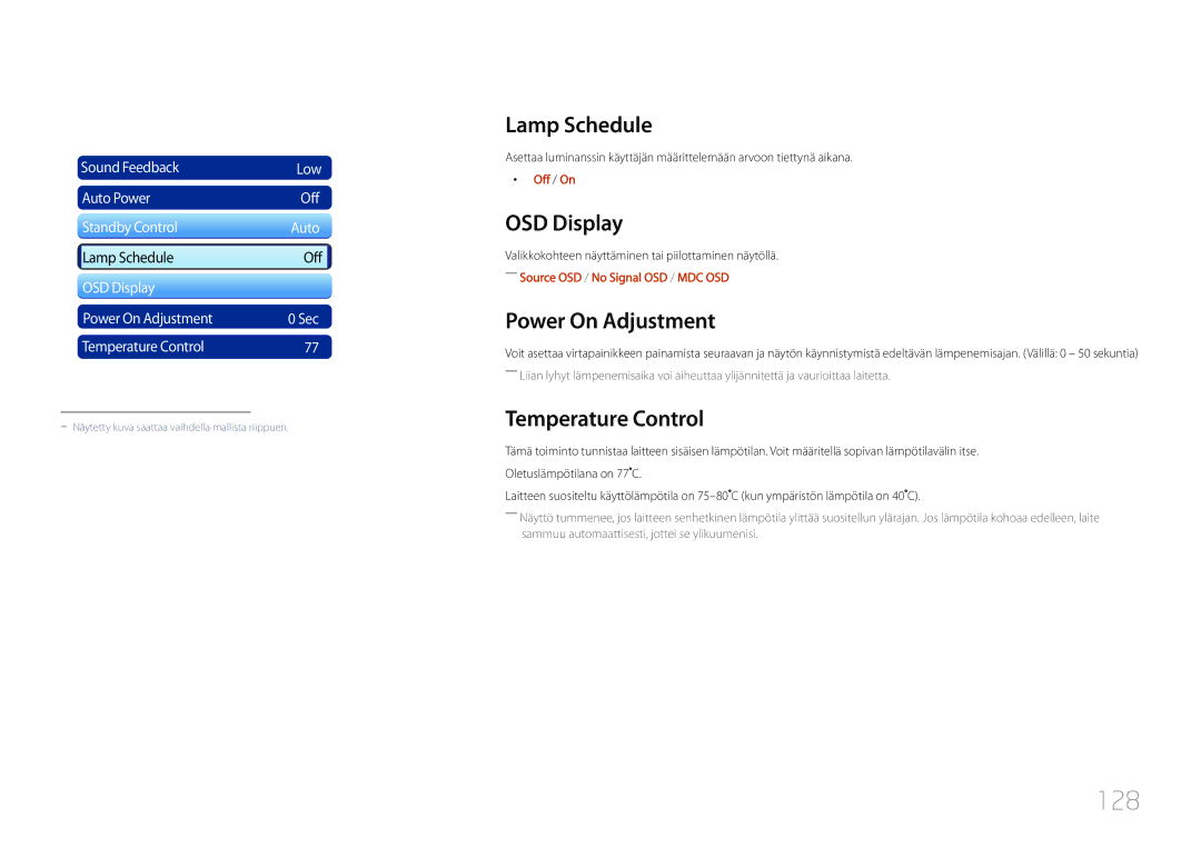 Samsung LH55UDDPLBB/EN manual 128, Lamp Schedule, OSD Display, Power On Adjustment, Temperature Control 