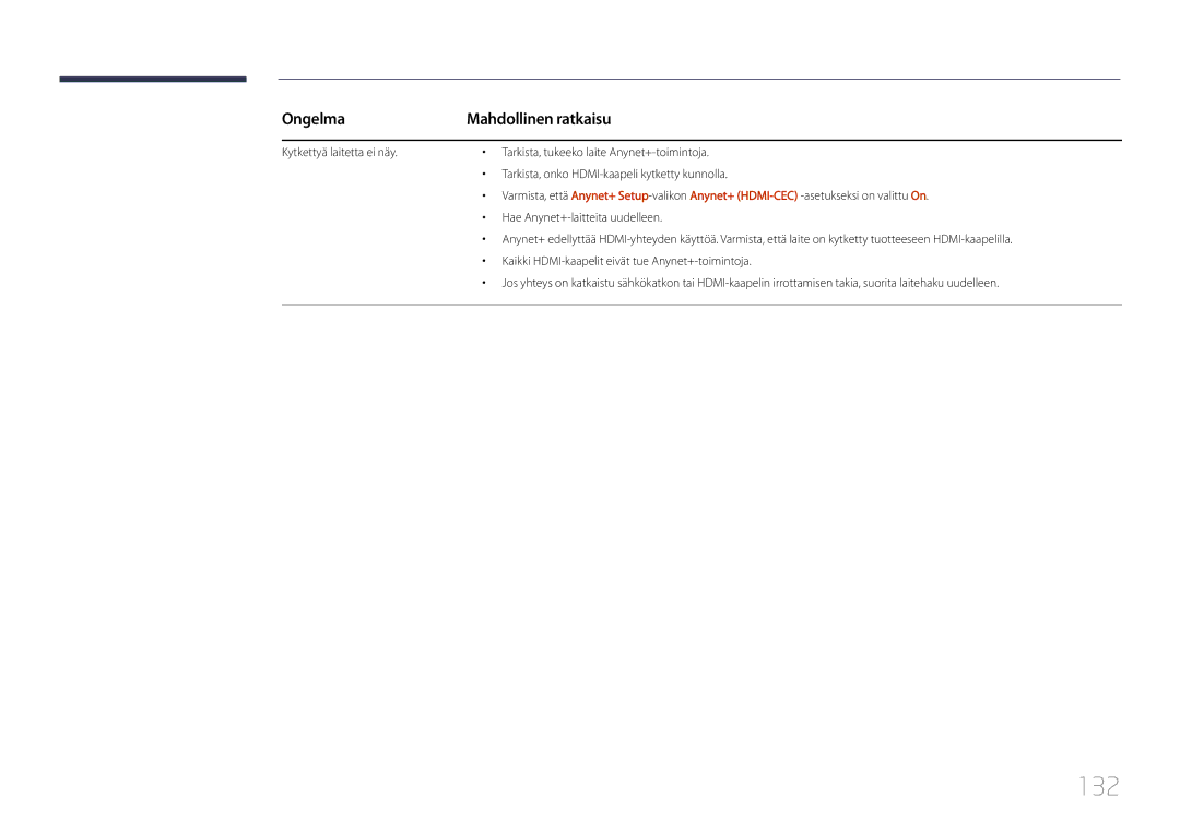 Samsung LH55UDDPLBB/EN manual 132, Kaikki HDMI-kaapelit eivät tue Anynet+-toimintoja 