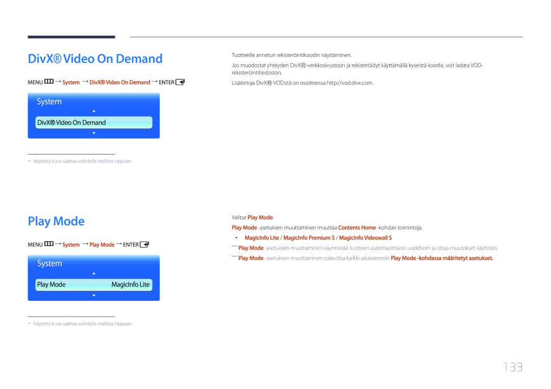 Samsung LH55UDDPLBB/EN manual 133, Menu m System DivX Video On Demand Enter, Menu m System Play Mode Enter 