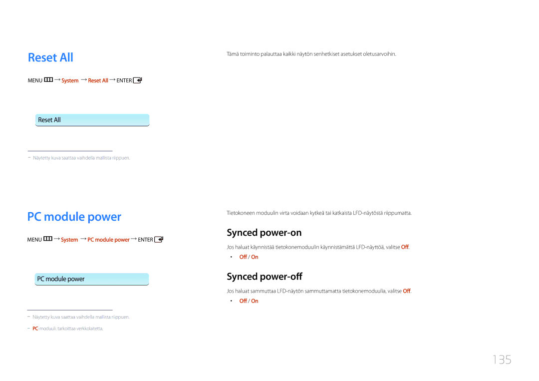 Samsung LH55UDDPLBB/EN manual Reset All, PC module power, 135, Synced power-on, Synced power-off 