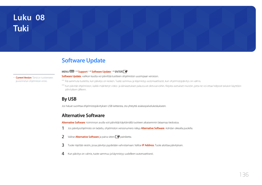 Samsung LH55UDDPLBB/EN manual 136, By USB, Alternative Software, Menu m Support Software Update Enter 