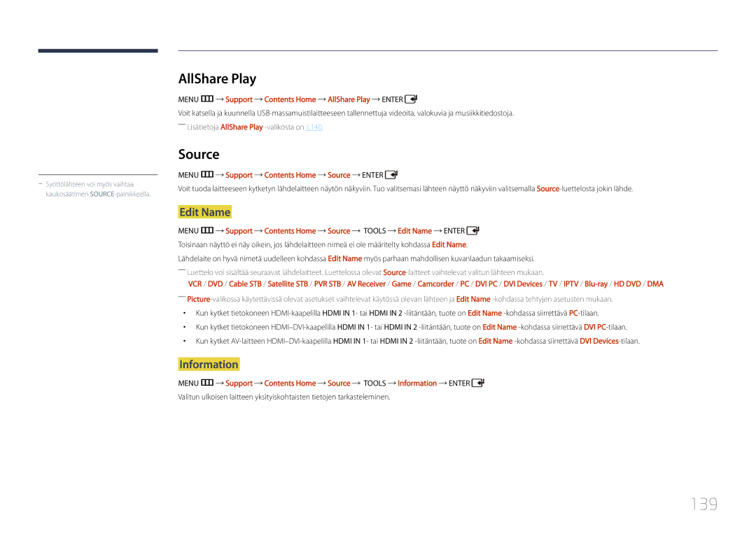 Samsung LH55UDDPLBB/EN manual 139, AllShare Play, Edit Name, Information 