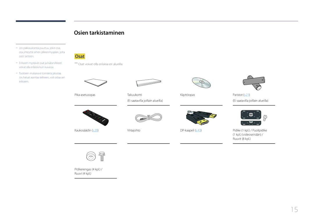 Samsung LH55UDDPLBB/EN manual Osien tarkistaminen, Osat 