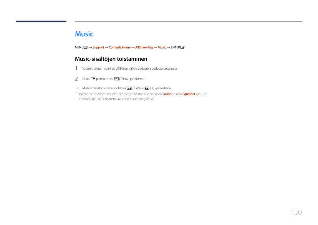 Samsung LH55UDDPLBB/EN manual 150, Music-sisältöjen toistaminen 