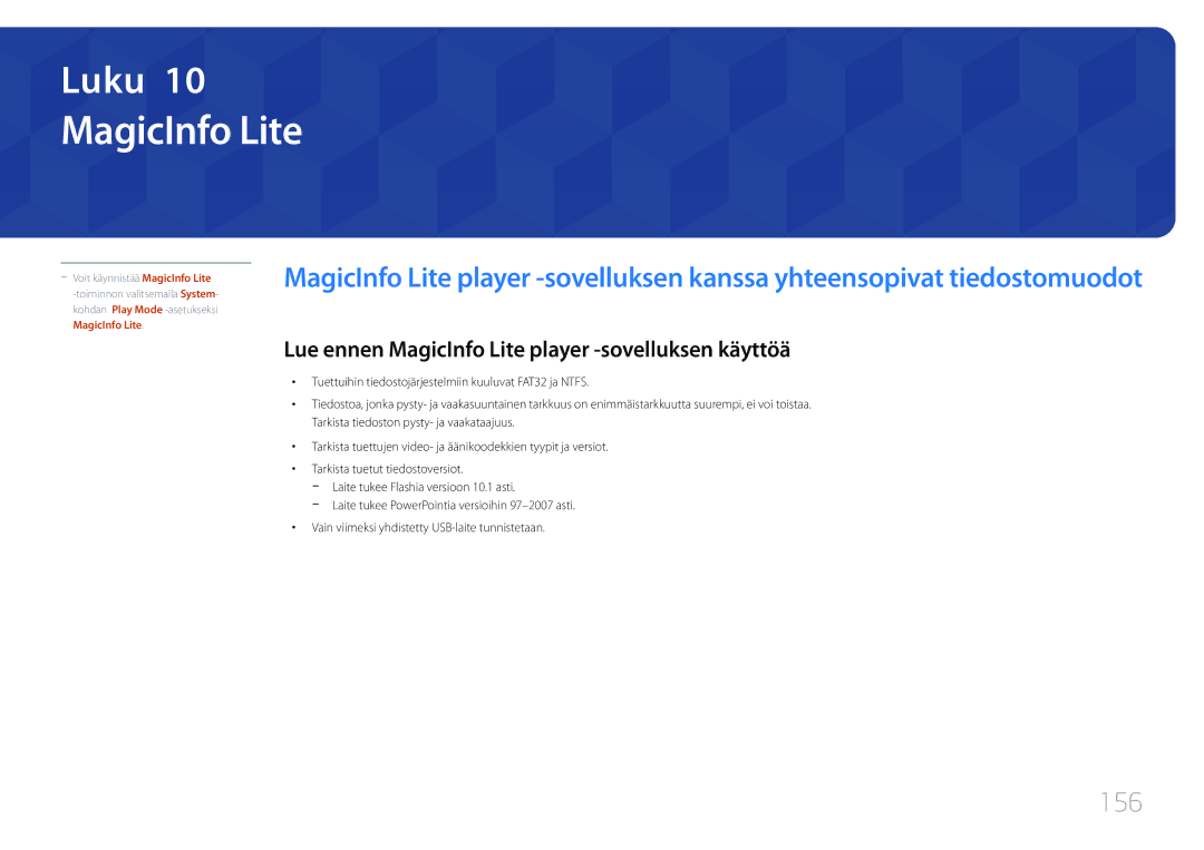 Samsung LH55UDDPLBB/EN manual 156, Lue ennen MagicInfo Lite player -sovelluksen käyttöä 