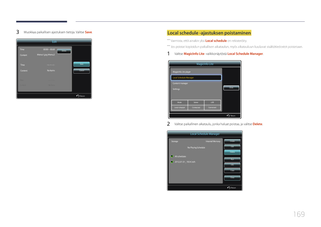 Samsung LH55UDDPLBB/EN manual 169, Local schedule -ajastuksen poistaminen 