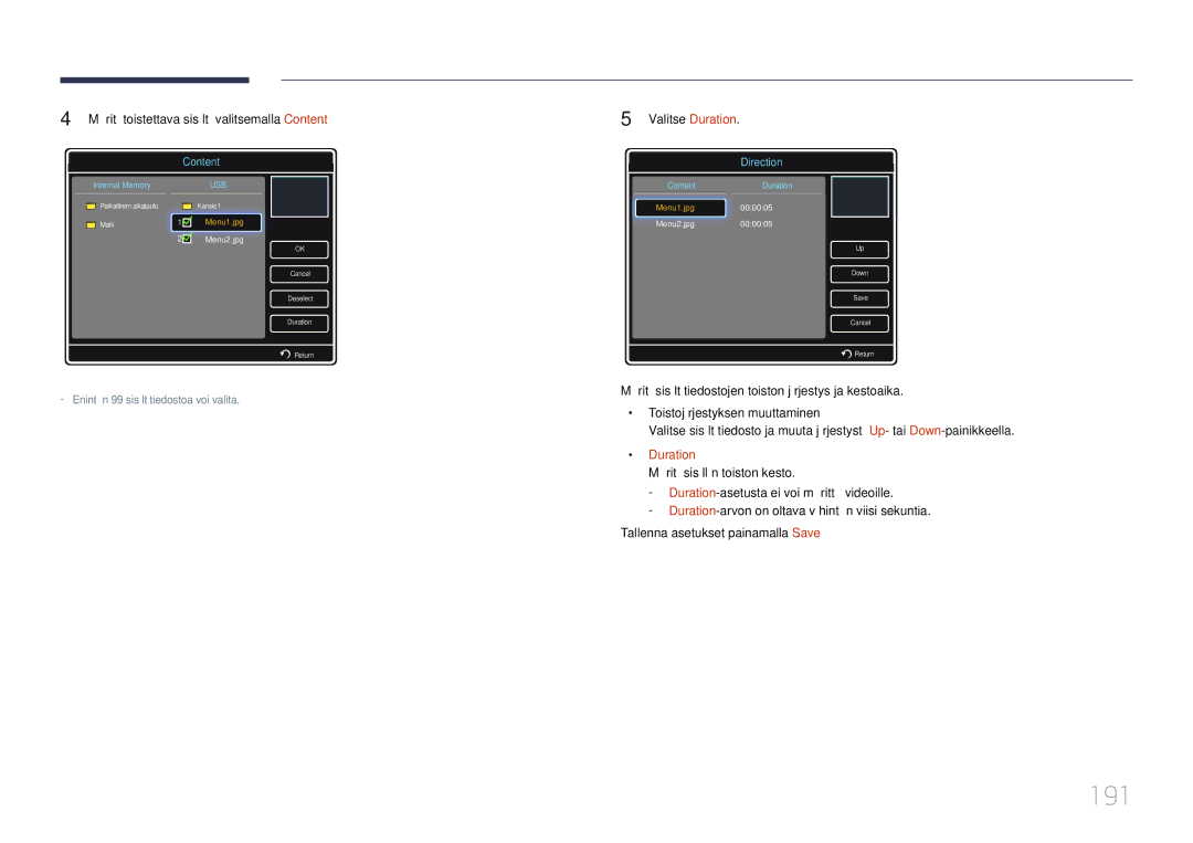 Samsung LH55UDDPLBB/EN manual 191, Määritä toistettava sisältö valitsemalla Content 