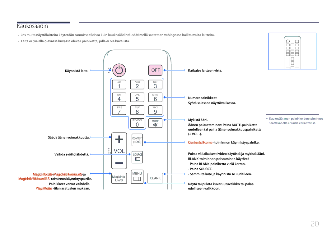 Samsung LH55UDDPLBB/EN manual Kaukosäädin, Vol 