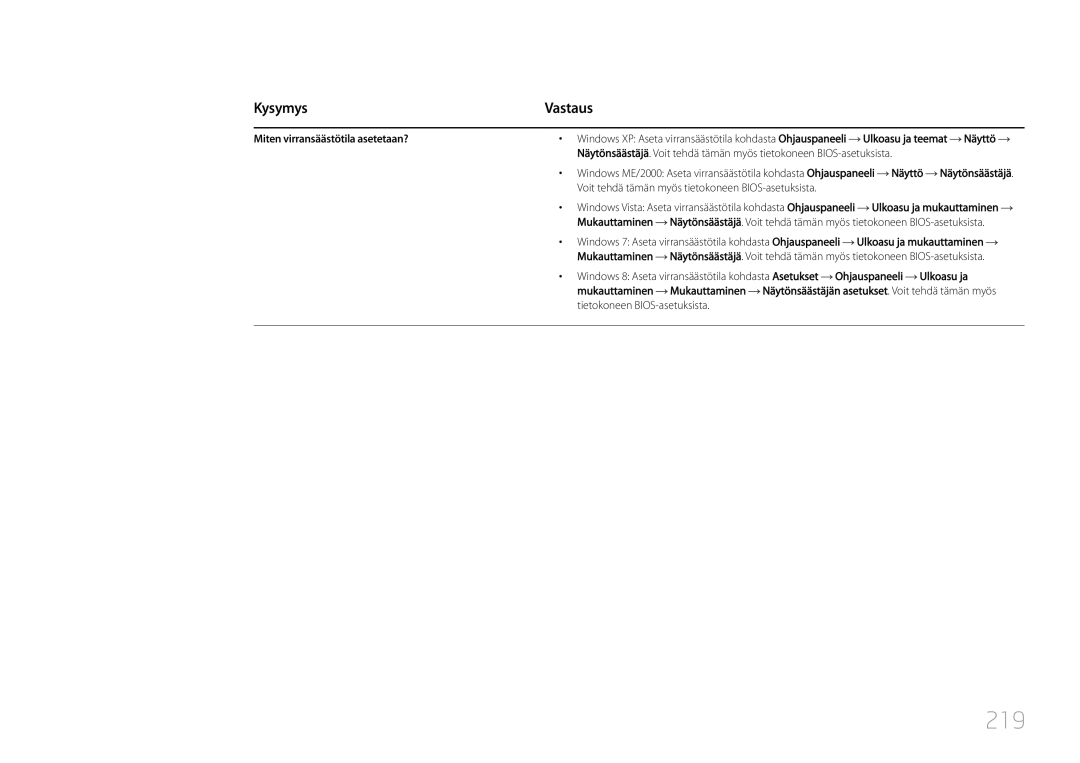 Samsung LH55UDDPLBB/EN manual 219, Miten virransäästötila asetetaan?, Mukauttaminen, Ulkoasu ja mukauttaminen 