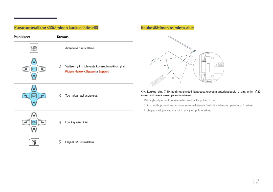 Samsung LH55UDDPLBB/EN manual Kuvaruutuvalikon säätäminen kaukosäätimellä, Kaukosäätimen toiminta-alue, PainikkeetKuvaus 