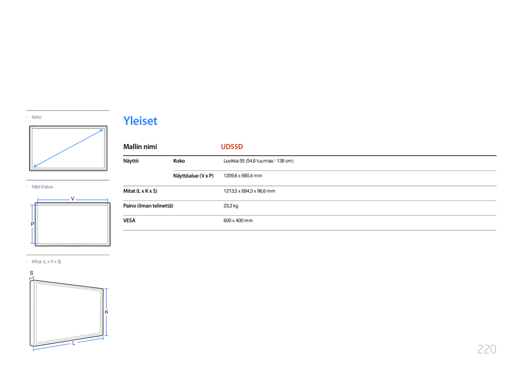 Samsung LH55UDDPLBB/EN manual Yleiset, 220, Näyttö Koko, Näyttöalue V x P, Mitat L x K x S 