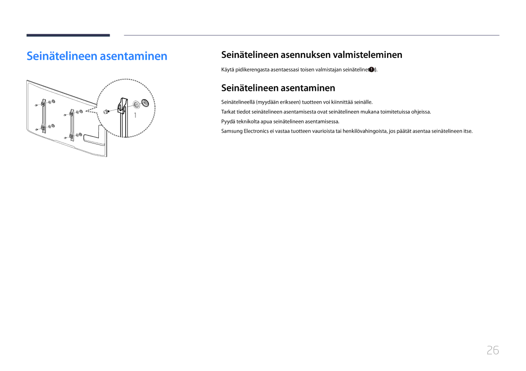 Samsung LH55UDDPLBB/EN manual Seinätelineen asentaminen, Seinätelineen asennuksen valmisteleminen 