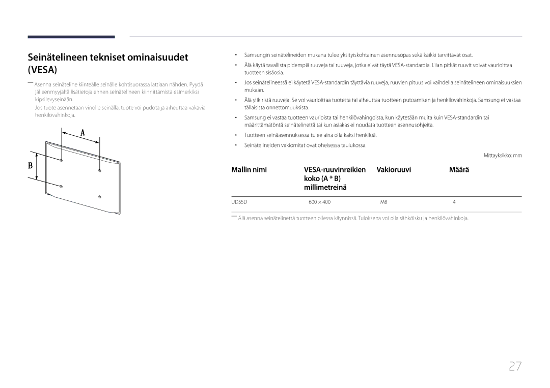 Samsung LH55UDDPLBB/EN manual Seinätelineen tekniset ominaisuudet Vesa, Vakioruuvi Määrä Koko a * B Millimetreinä 