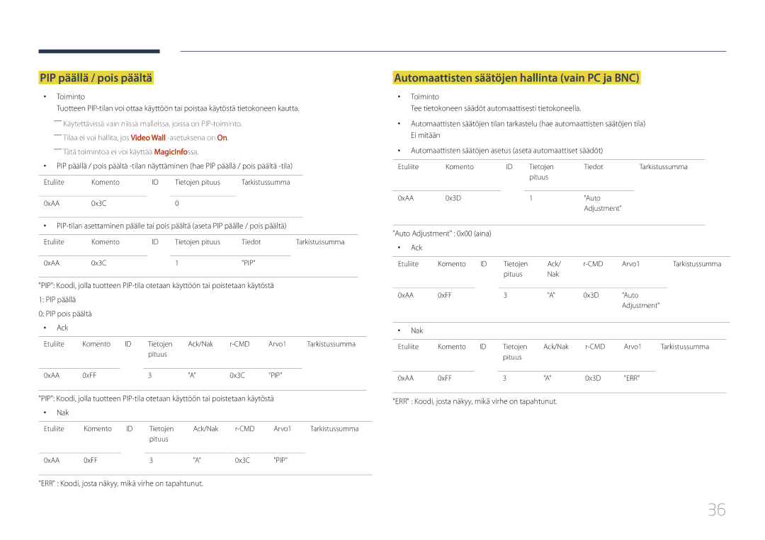 Samsung LH55UDDPLBB/EN manual PIP päällä / pois päältä, Automaattisten säätöjen hallinta vain PC ja BNC 